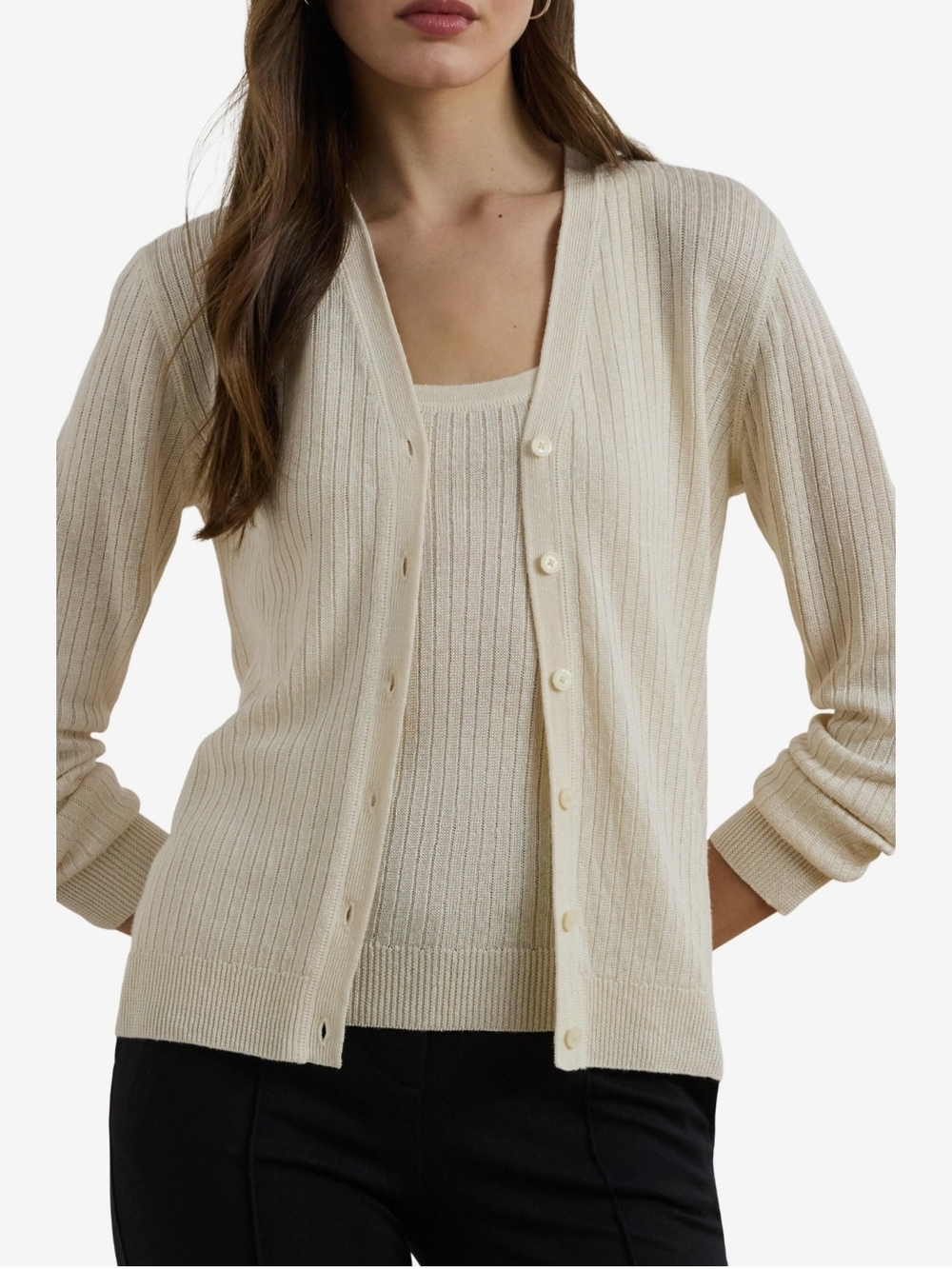 Lauren Ralph Lauren Winter Cream Ribbed V-Neck Cardigan Sweater NWT